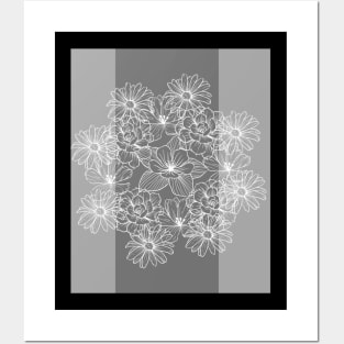 White Over Black Abstract Line Art Flower Pattern Posters and Art